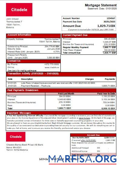 Downloadable Estonia Citadele banka Eesti filiaal AS bank mortgage statement scr example